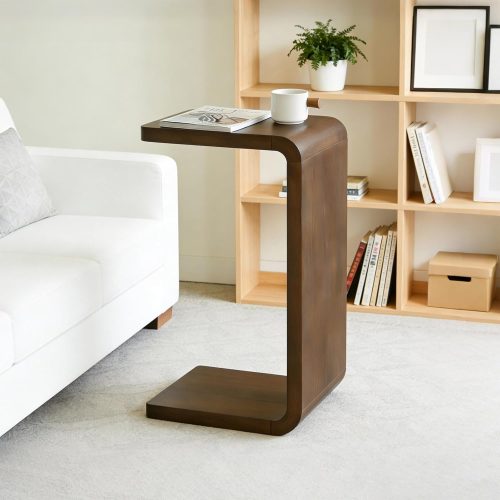 Narrow solid wood C-shaped side table for living rooms and bedrooms