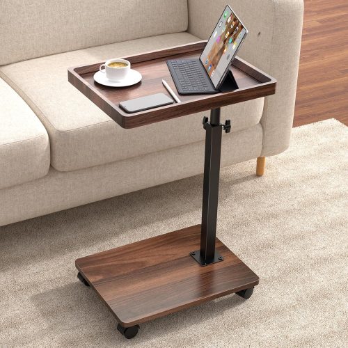 Swiveling, height-adjustable C-shaped side table for compact living spaces